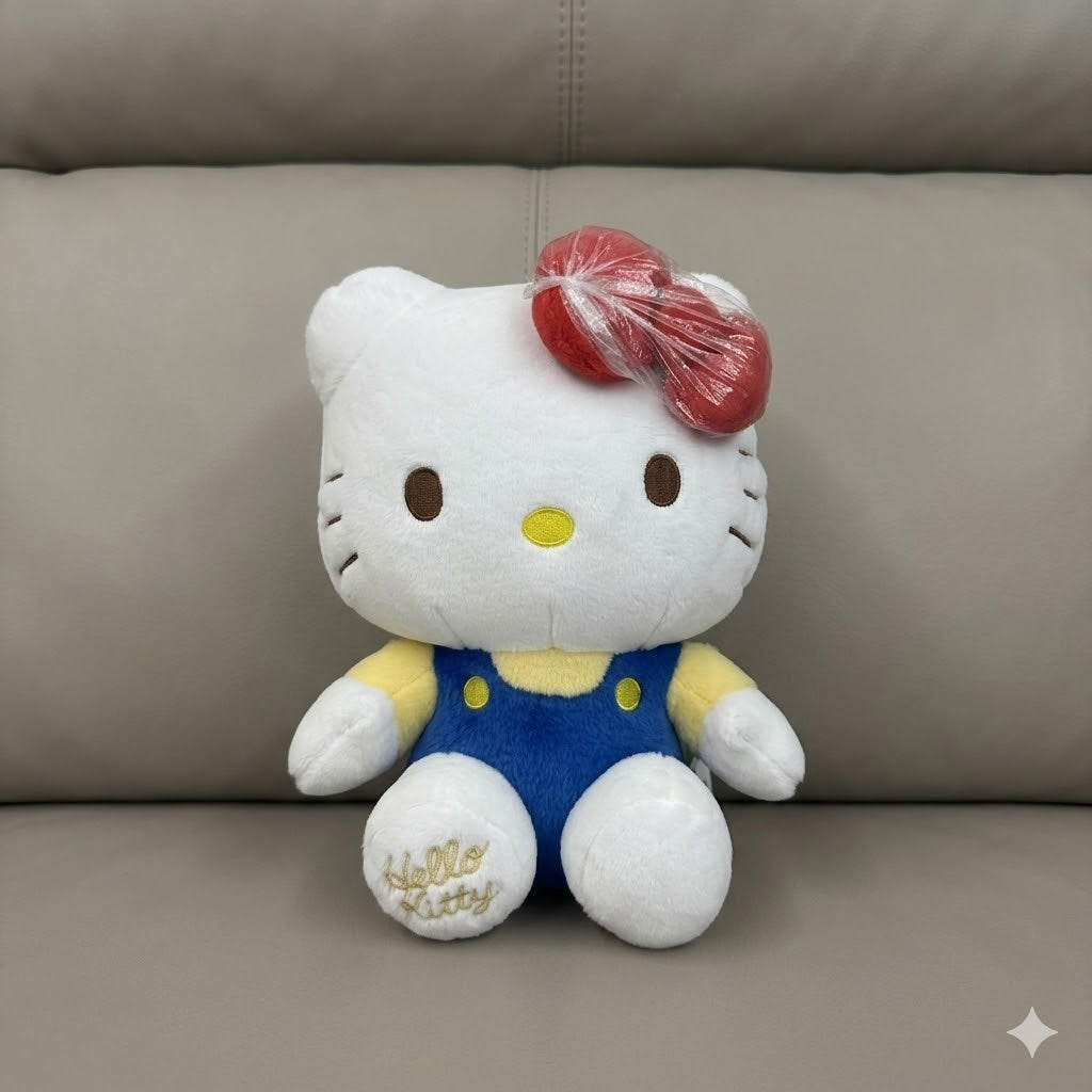 Genuine Sanrio Hello Kitty Classic Plush Doll: Blue Overalls & Red Bow 20cm