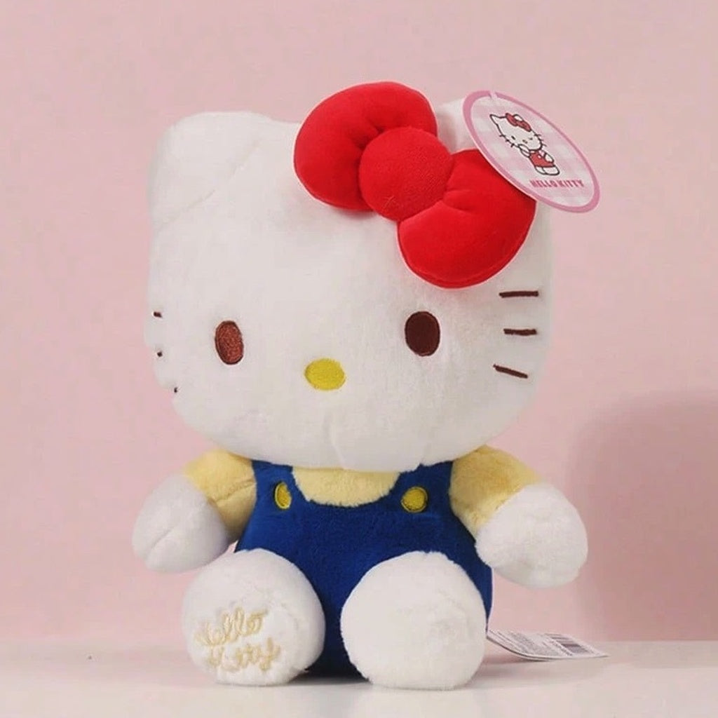 Genuine Sanrio Hello Kitty Classic Plush Doll: Blue Overalls & Red Bow 20cm